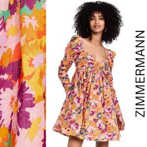 Zimmermann NWT Mustard and Purple Floral-Print Cotton-Gauze Mini Dress 4-6